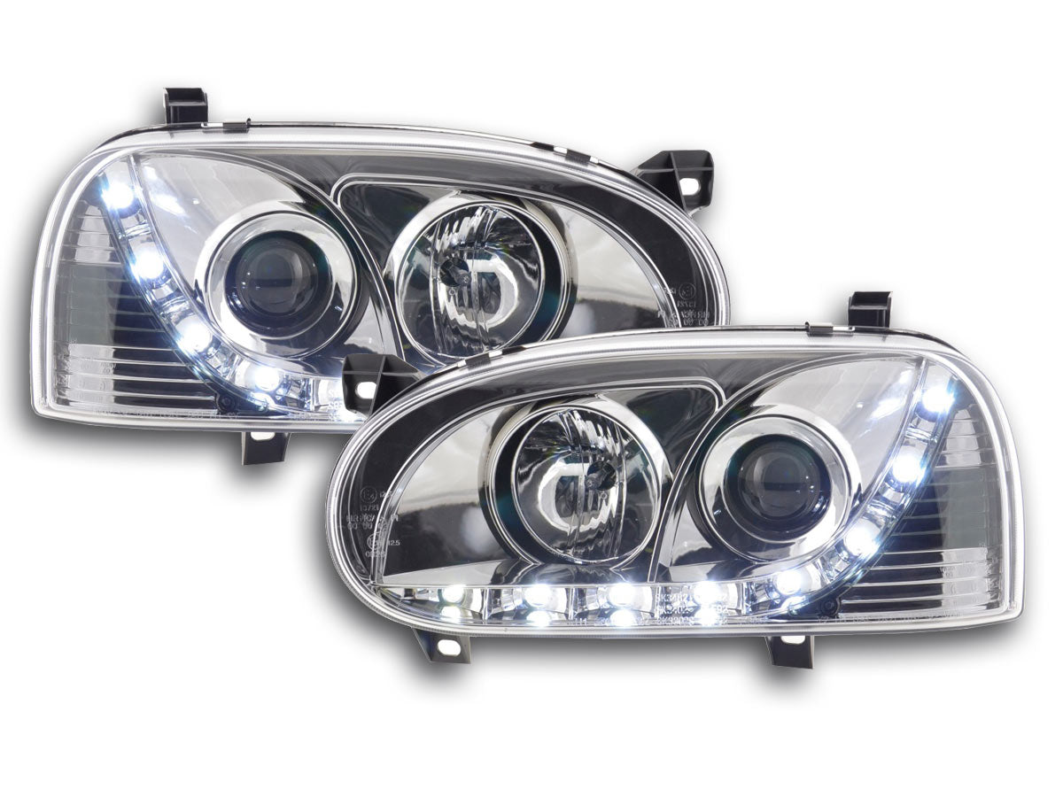 Scheinwerfer Set Daylight LED TFL-Optik VW Golf 3 Typ 1HXO 1EXO 91-97 chrom Scheinwerfer Set Daylight LED TFL-Optik VW Golf 3 Typ 1HXO 1EXO 91-97 chrom